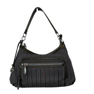 BRIGHTON Nylon GreyTaupe Crossbody Handbag Silver Hardware Crocodile Trim/Handle